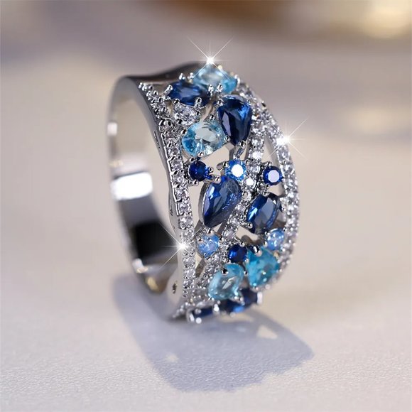 Royal Blue Crystal Water Drop Band Ring in Silver - Picture 6 of 6
